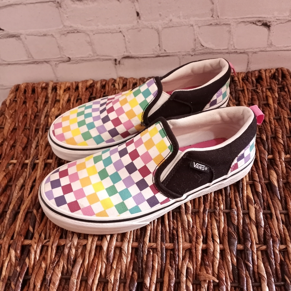 Multicolored Checkered Slip On Vans